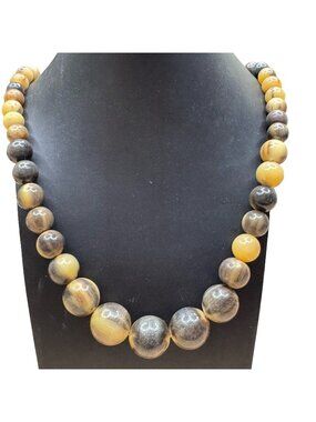 Vintage Statement Natural Horn Beaded Carved Beads Necklace Barrow Clasp Brown